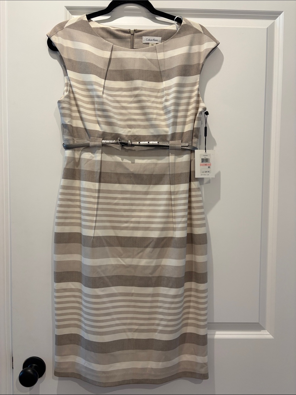 Calvin Klein Taupe and White Striped Midi Sheath Dress